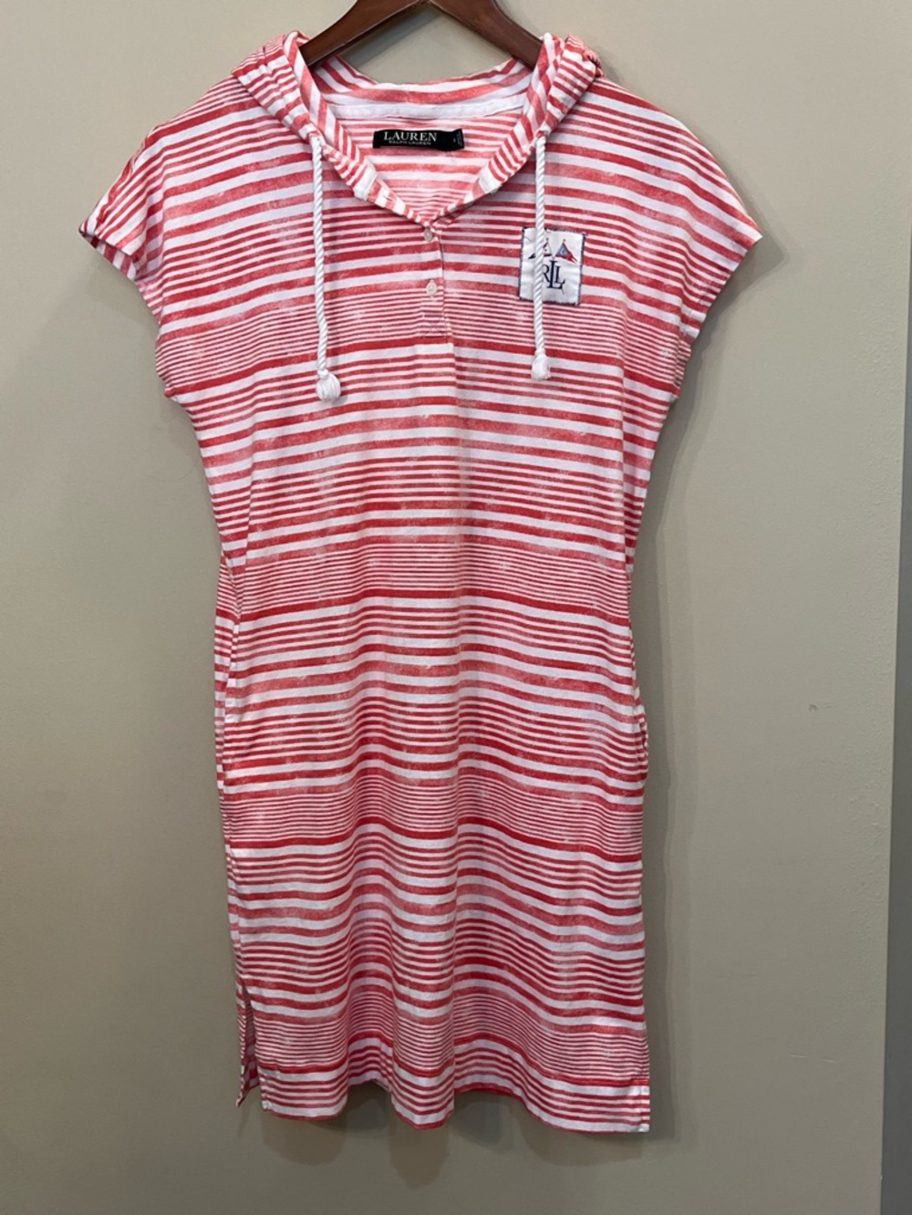 Lauren Ralph Lauren red white stripe short sleeve hooded mini dress small - Picture 2 of 7